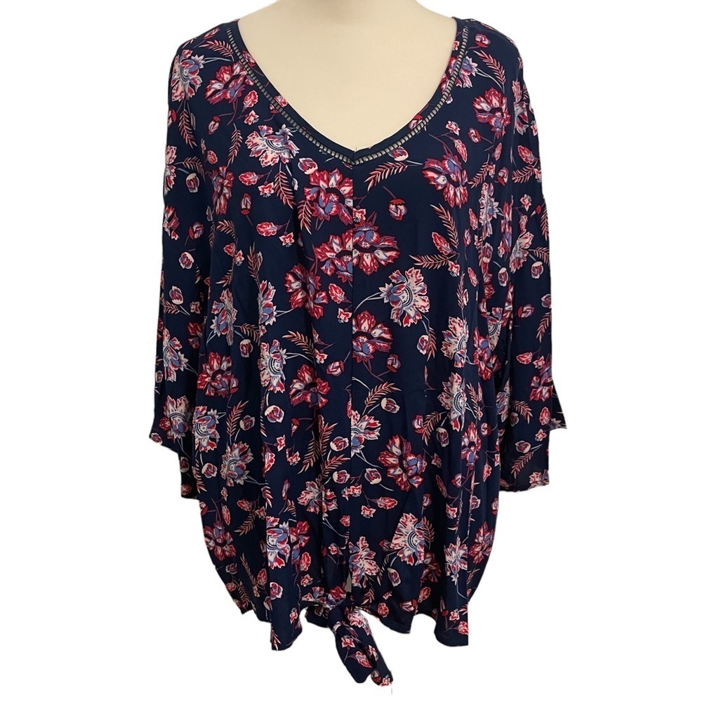 Como Vintage Navy Blue Floral Tie Front Blouse Size XL